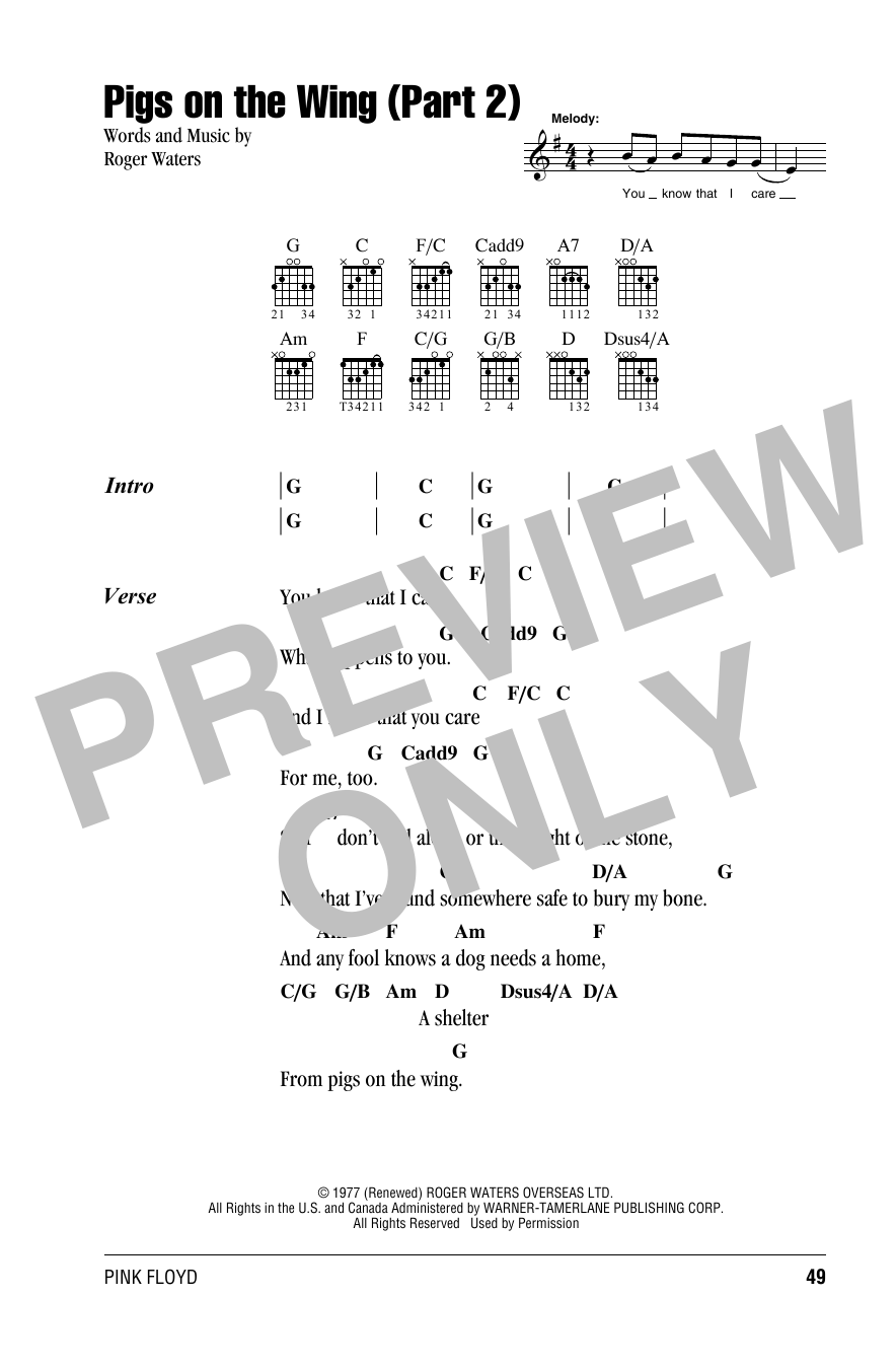 Pink Floyd Pigs On The Wing (Part 2) sheet music notes and chords. Download Printable PDF.