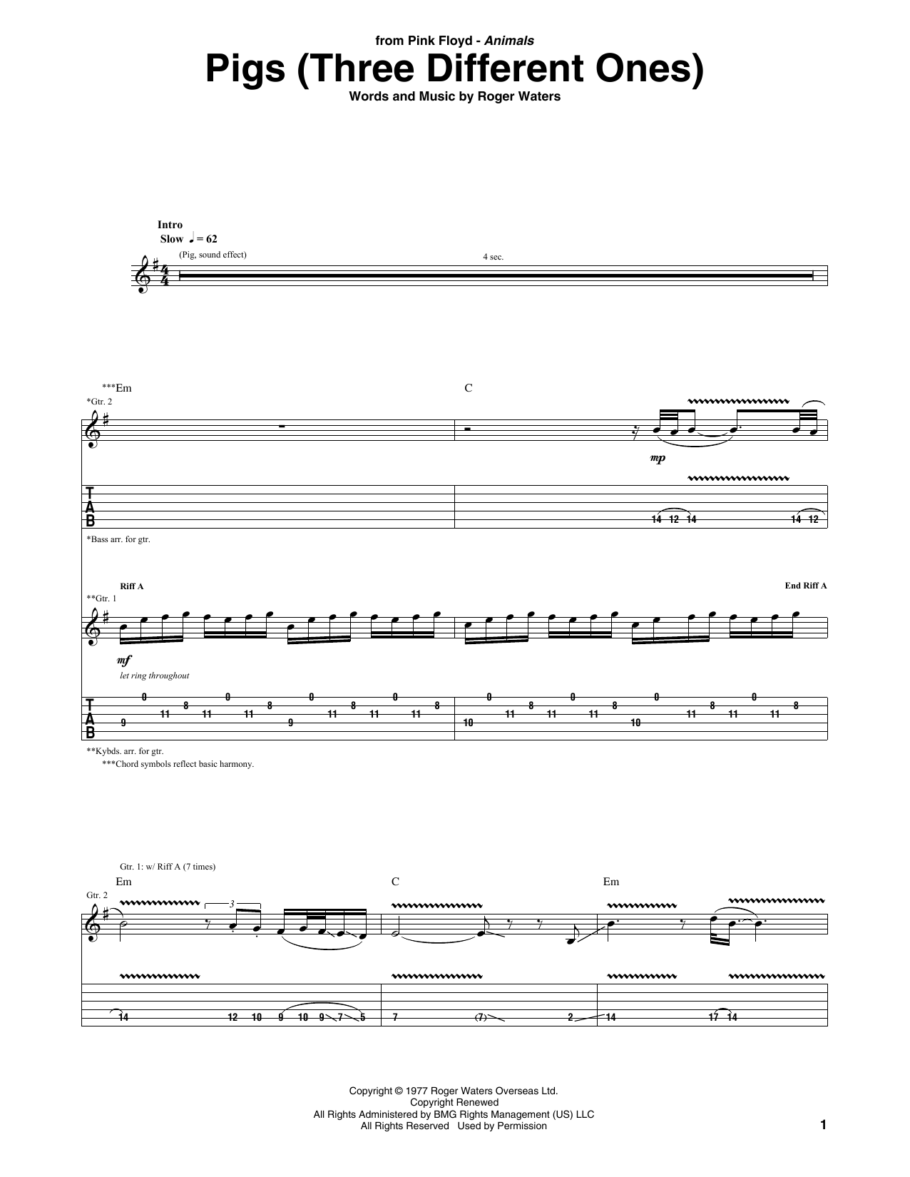 Pink Floyd Pigs (Three Different Ones) sheet music notes and chords. Download Printable PDF.