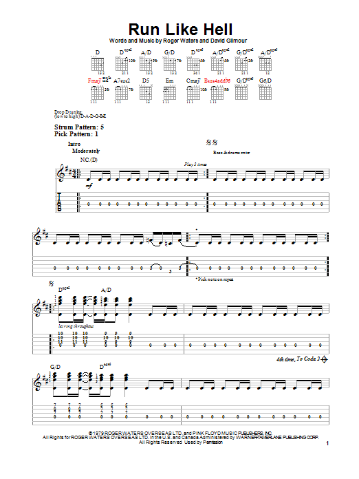 Pink Floyd Run Like Hell sheet music notes and chords. Download Printable PDF.