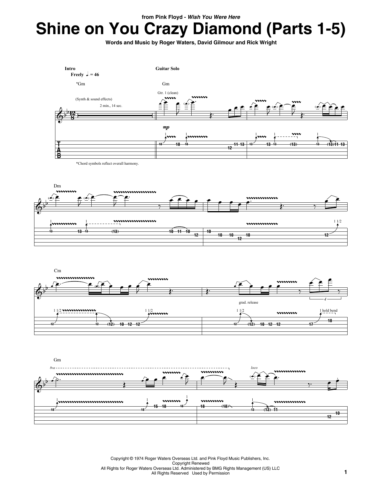 Pink Floyd Shine On You Crazy Diamond (Parts 1-5) sheet music notes and chords. Download Printable PDF.