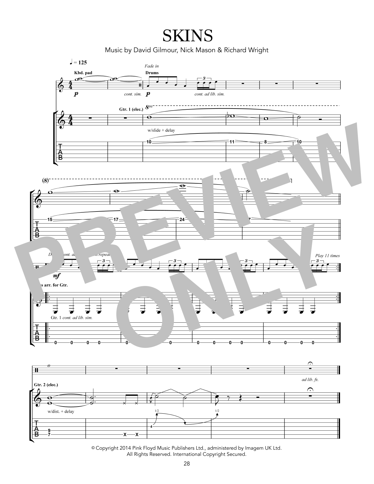 Learn to play Pink Floyd Skins sheet music for Guitar Tab in minutes. Price: 7.8900$ Pink Floyd Skins sheet music notes and chords arranged for Guitar Tab