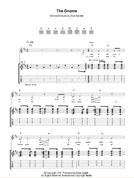 Learn to play Pink Floyd The Gnome sheet music for Guitar Tab in minutes. Price: 7.8900$ Pink Floyd The Gnome sheet music notes and chords arranged for Guitar Tab