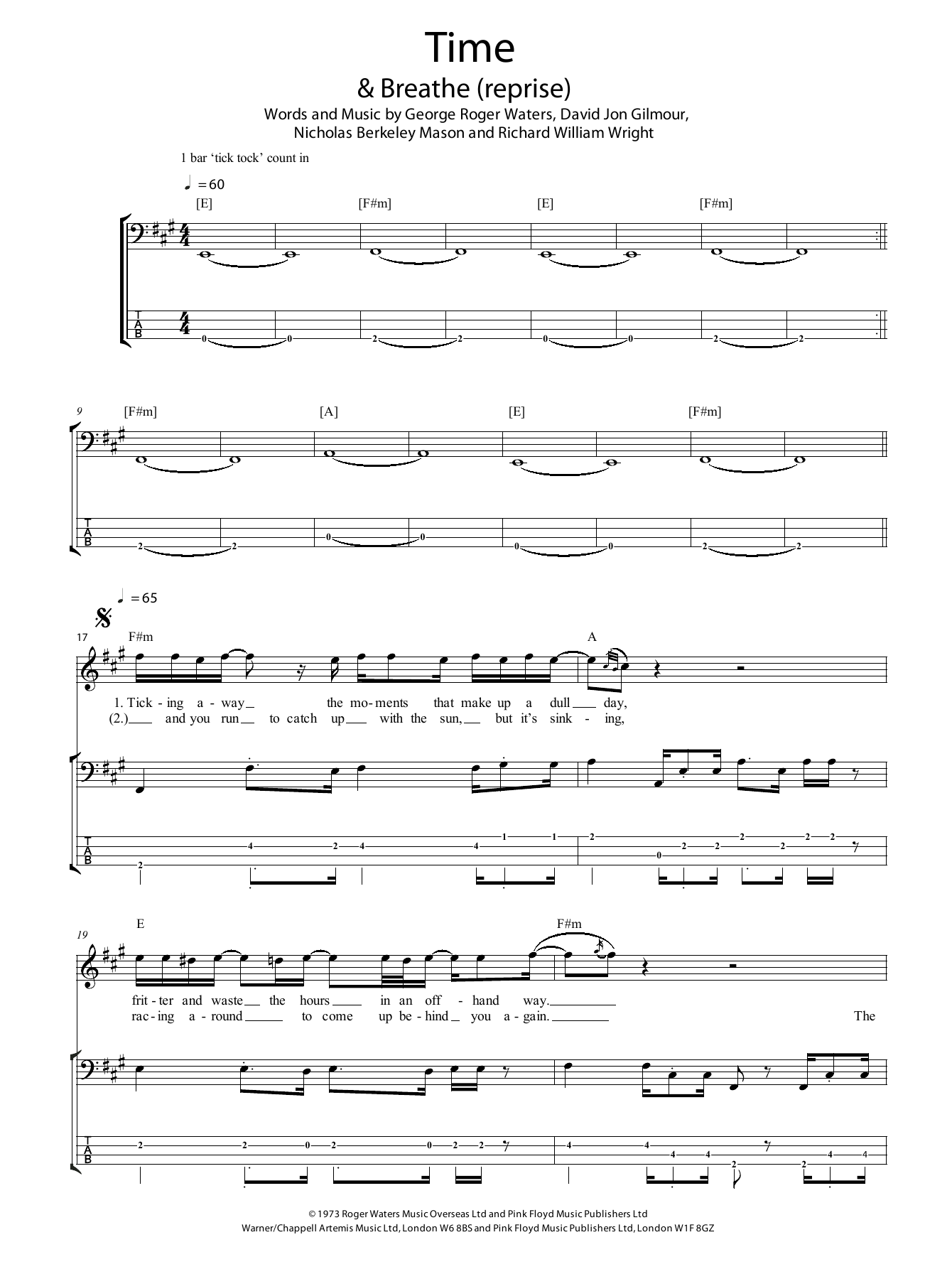 Pink Floyd Time sheet music notes and chords. Download Printable PDF.