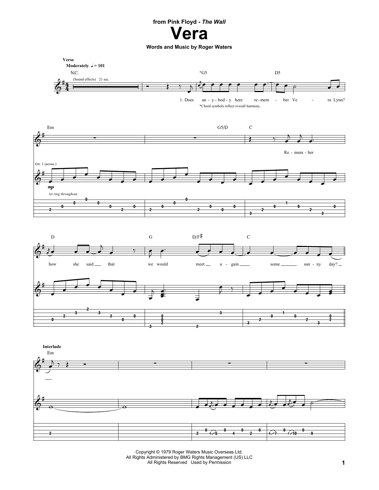 Pink Floyd Vera sheet music notes and chords arranged for Guitar Tab