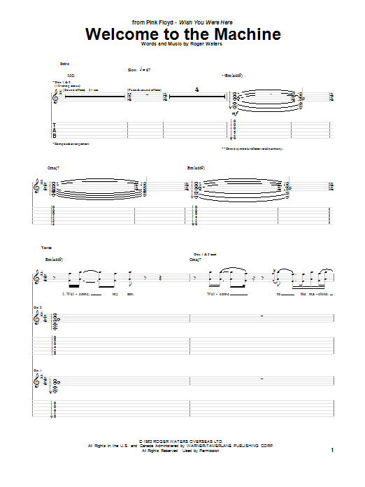 Pink Floyd Welcome To The Machine sheet music notes and chords. Download Printable PDF.