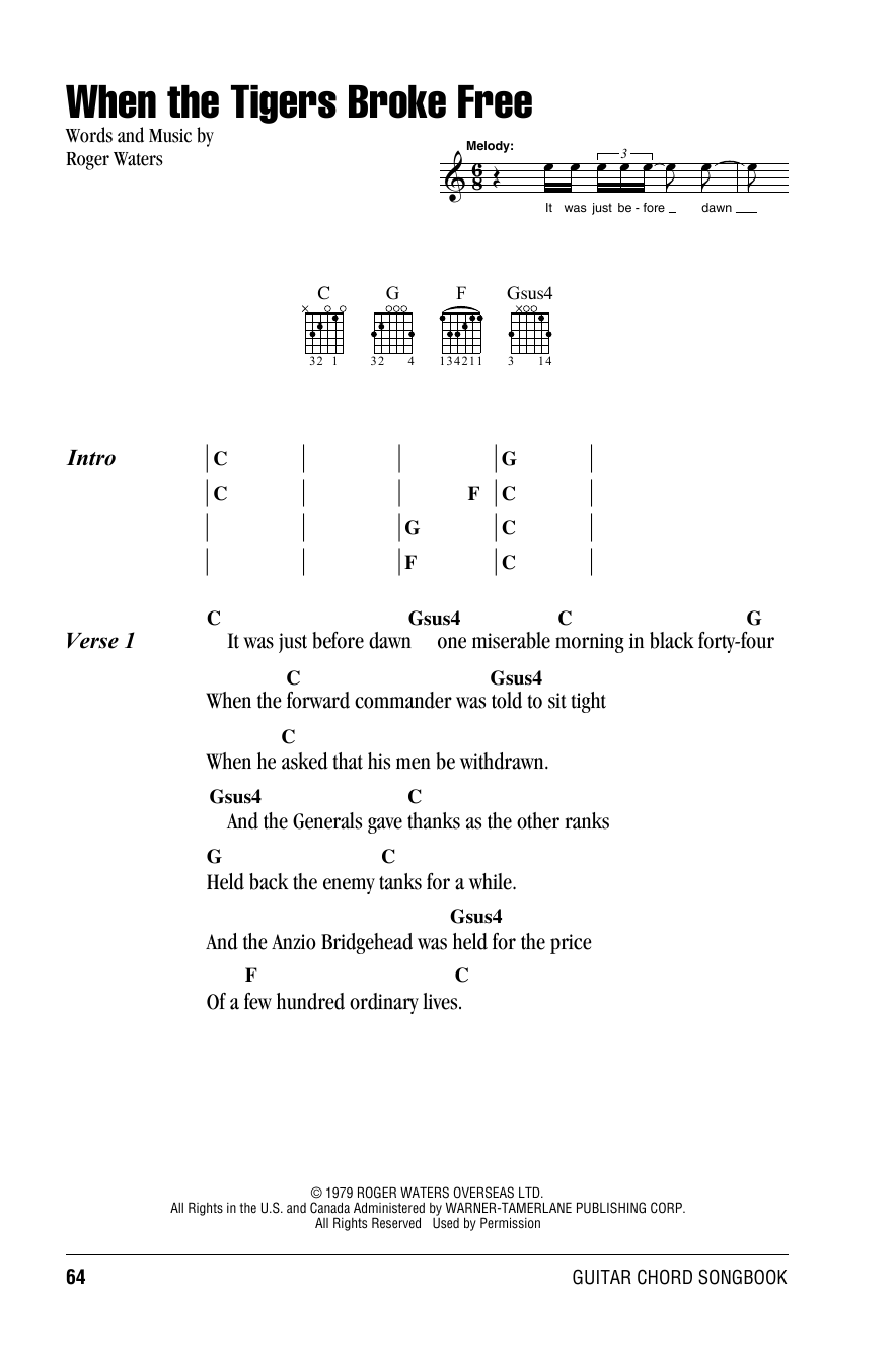 Pink Floyd When The Tigers Broke Free sheet music notes and chords. Download Printable PDF.