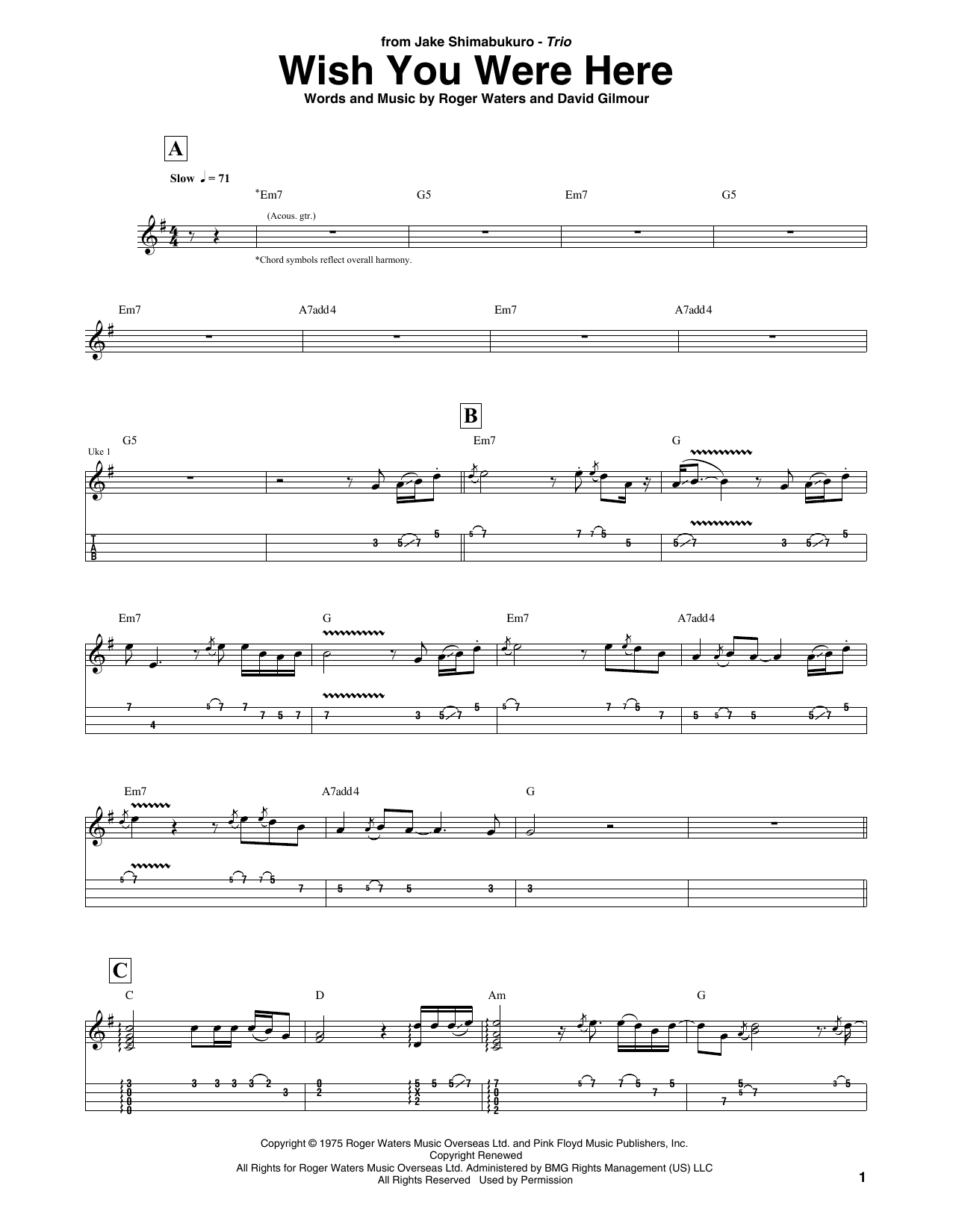 Pink Floyd Wish You Were Here (arr. Jake Shimabukuro Trio) sheet music notes and chords arranged for Ukulele Tab