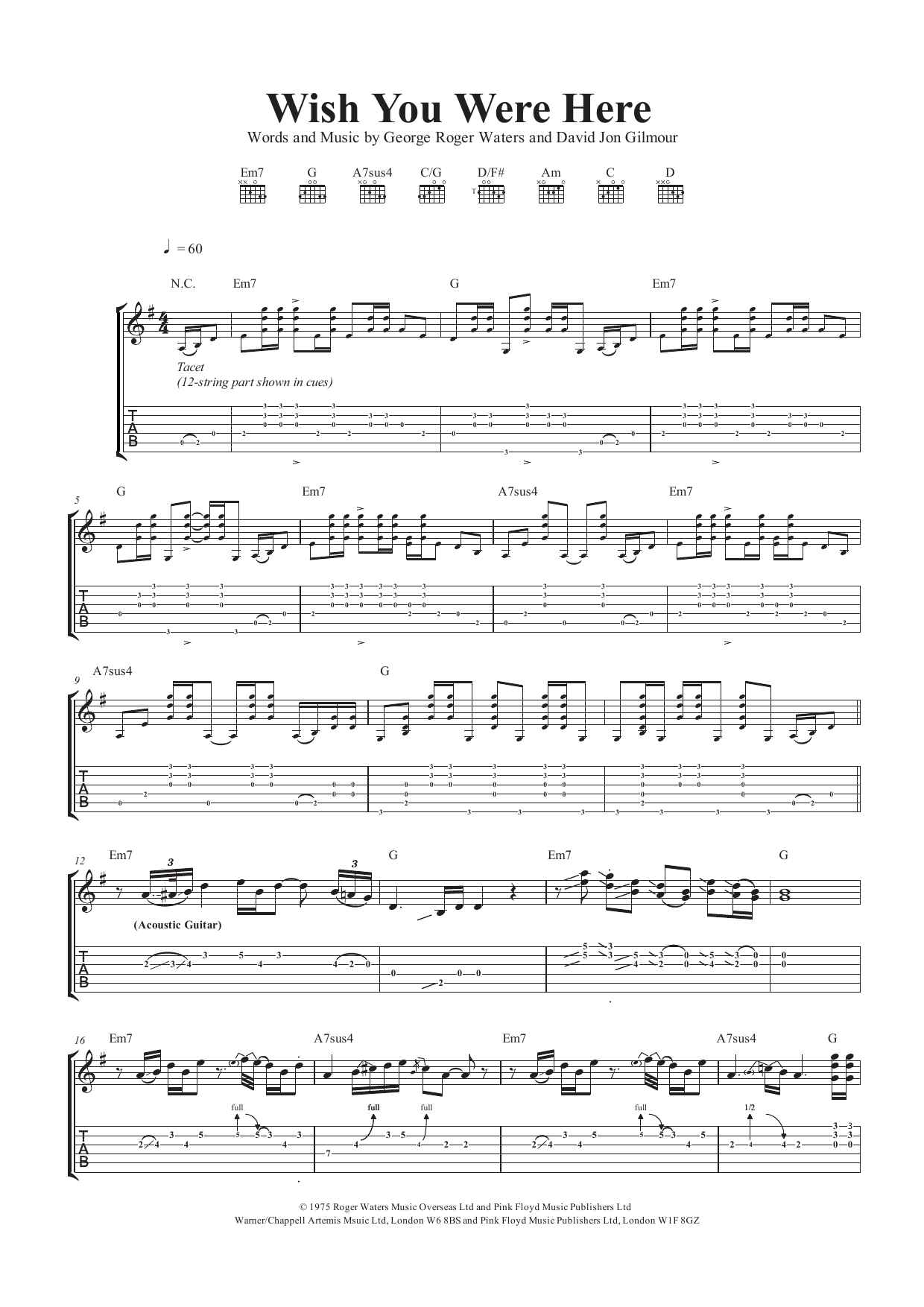 Pink Floyd Wish You Were Here sheet music notes and chords. Download Printable PDF.