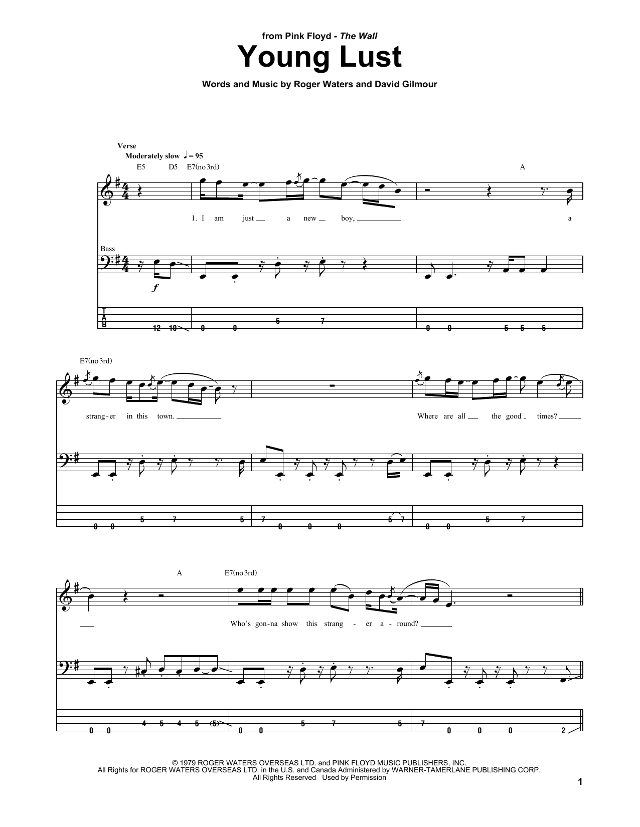 Pink Floyd Young Lust sheet music notes and chords. Download Printable PDF.