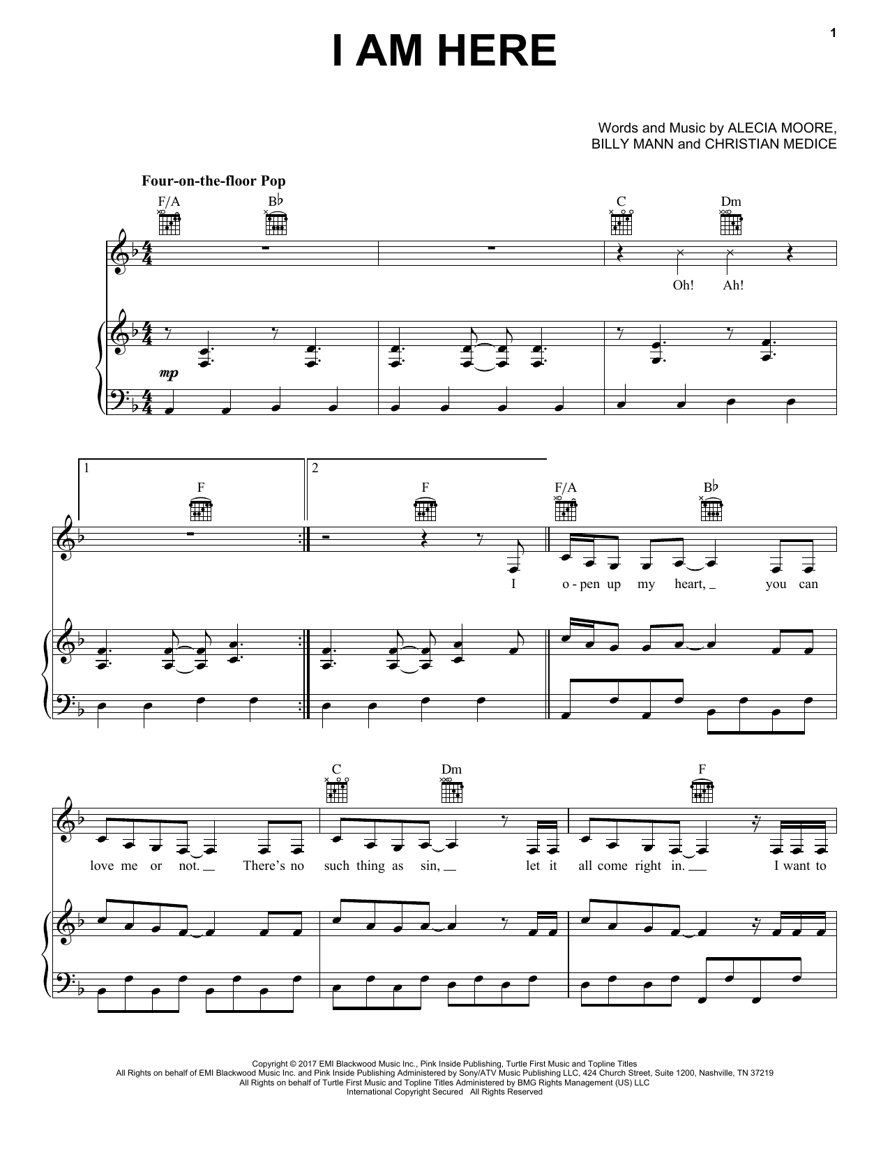 Learn to play Pink I Am Here sheet music for Piano, Vocal & Guitar Chords (Right-Hand Melody) in minutes. Price: 7.8900$ Pink I Am Here sheet music notes and chords arranged for Piano, Vocal & Guitar Chords (Right-Hand Melody)