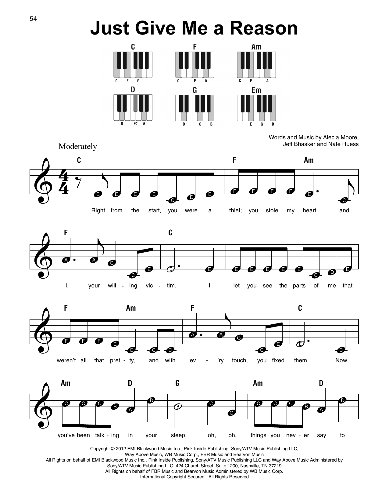 Pink Just Give Me A Reason (feat. Nate Ruess) sheet music notes and chords. Download Printable PDF.