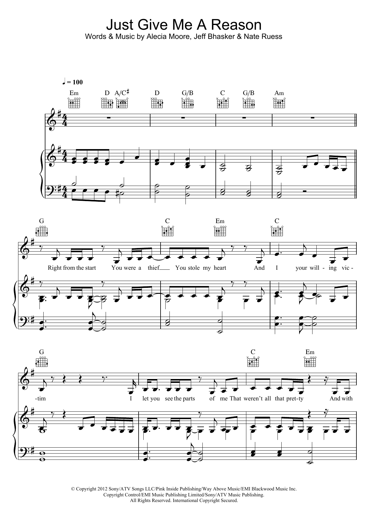 Pink Just Give Me A Reason (feat. Nate Ruess) sheet music notes and chords. Download Printable PDF.