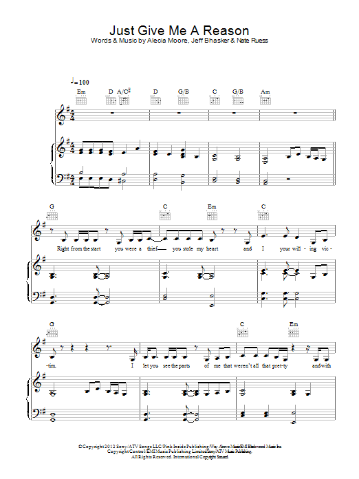 Pink Just Give Me A Reason (feat. Nate Ruess) sheet music notes and chords. Download Printable PDF.