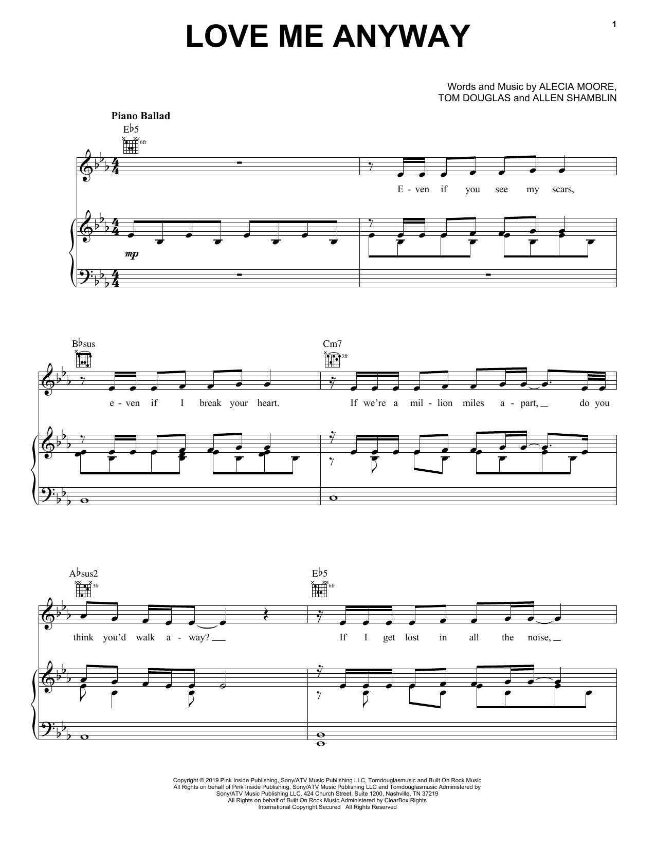 Pink Love Me Anyway (feat. Chris Stapleton) sheet music notes and chords. Download Printable PDF.