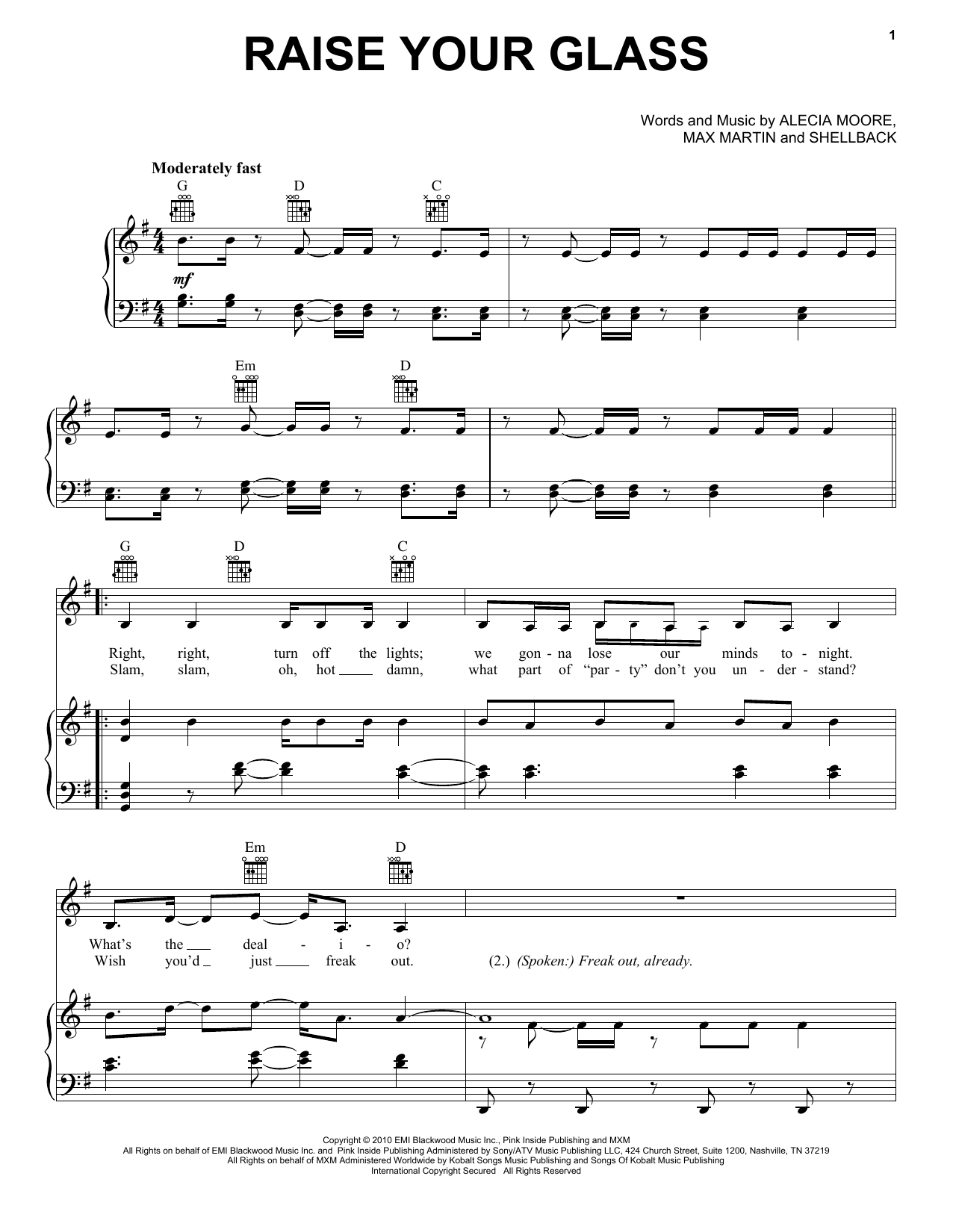 Pink Raise Your Glass sheet music notes and chords. Download Printable PDF.