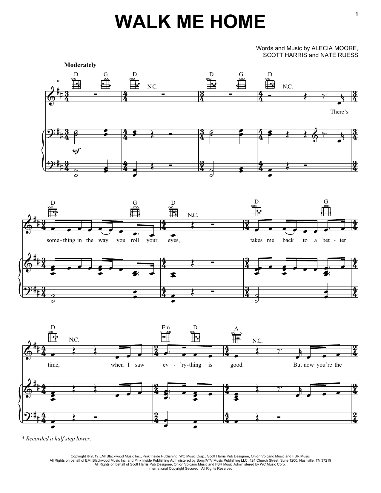 Pink Walk Me Home sheet music notes and chords. Download Printable PDF.