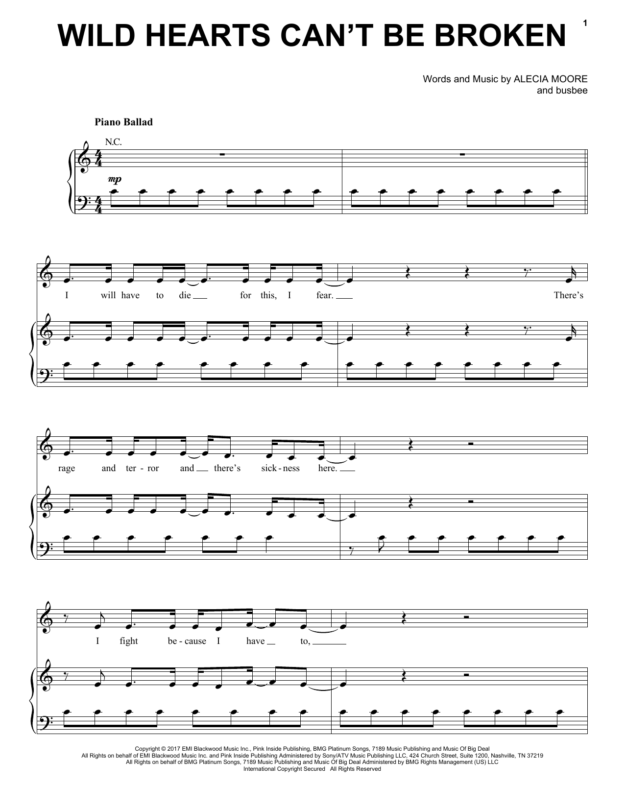 Pink Wild Hearts Can't Be Broken sheet music notes and chords. Download Printable PDF.