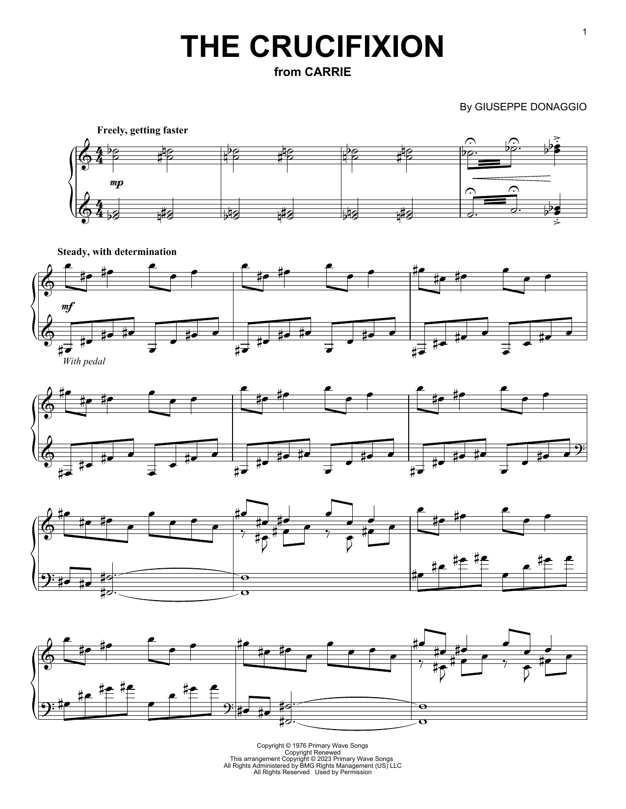 Pino Donaggio The Crucifixion (from Carrie) sheet music notes and chords arranged for Piano Solo