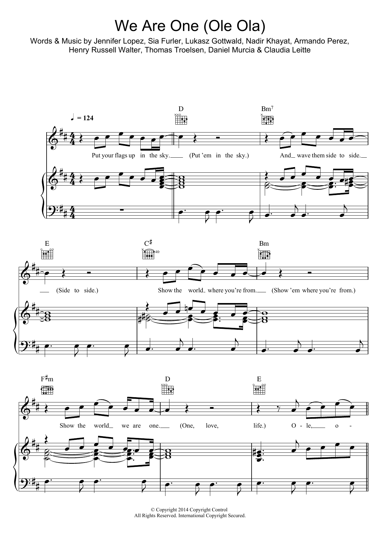 Learn to play Pitbull We Are One (Ole Ola) (feat. Jennifer Lopez) sheet music for Piano, Vocal & Guitar Chords in minutes. Price: 7.8900$ Pitbull We Are One (Ole Ola) (feat. Jennifer Lopez) sheet music notes and chords arranged for Piano, Vocal & Guitar Chords