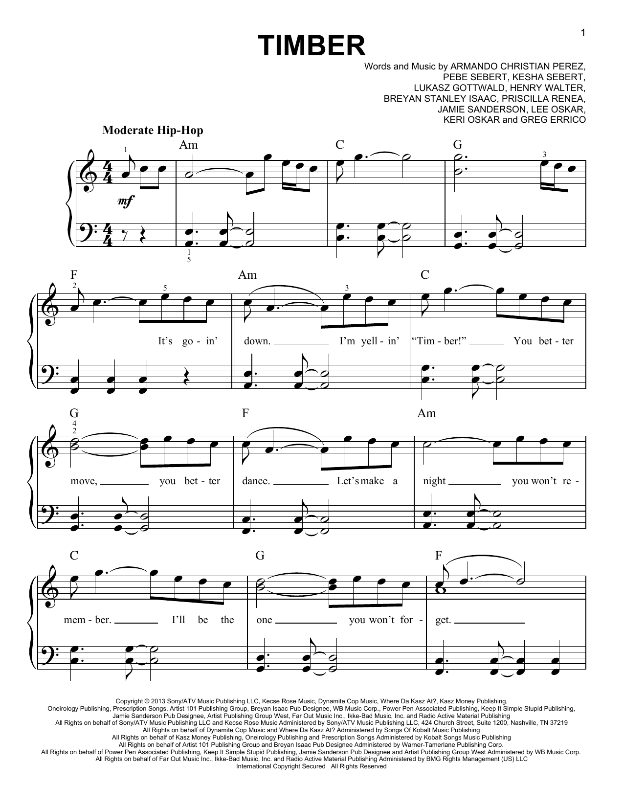 Pitbull Timber (feat. Ke$ha) sheet music notes and chords. Download Printable PDF.