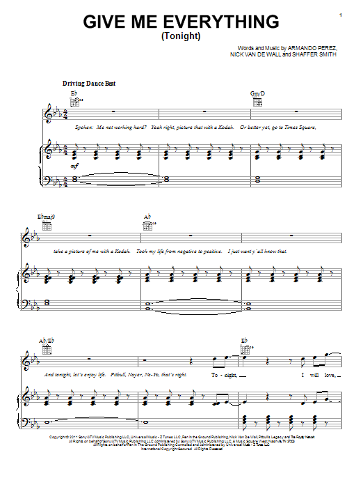 Pitbull Give Me Everything (Tonight) (feat. Ne-Yo) sheet music notes and chords. Download Printable PDF.