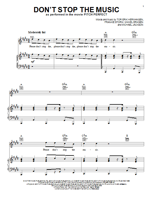Learn to play Pitch Perfect (Movie) Don't Stop The Music sheet music for Piano, Vocal & Guitar Chords (Right-Hand Melody) in minutes. Price: 7.8900$ Pitch Perfect (Movie) Don't Stop The Music sheet music notes and chords arranged for Piano, Vocal & Guitar Chords (Right-Hand Melody)