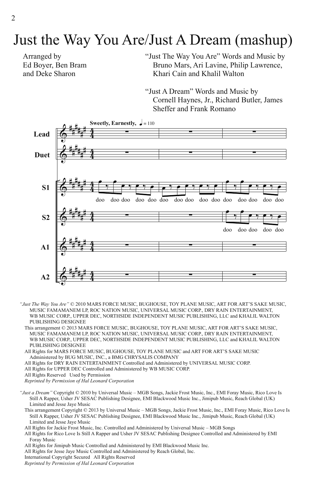 Pitch Perfect (Movie) Just The Way You Are/Just A Dream (Mashup) (from Pitch Perfect) (arr. Deke Sharon) sheet music notes and chords. Download Printable PDF.