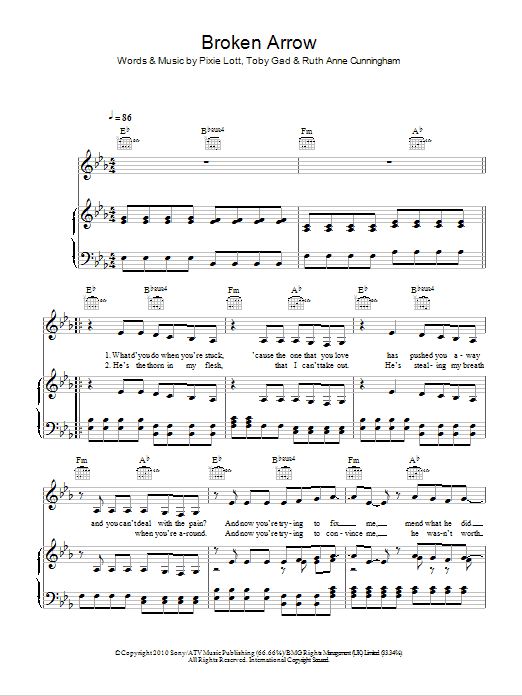 Learn to play Pixie Lott Broken Arrow sheet music for Piano, Vocal & Guitar Chords in minutes. Price: 7.8900$ Pixie Lott Broken Arrow sheet music notes and chords arranged for Piano, Vocal & Guitar Chords