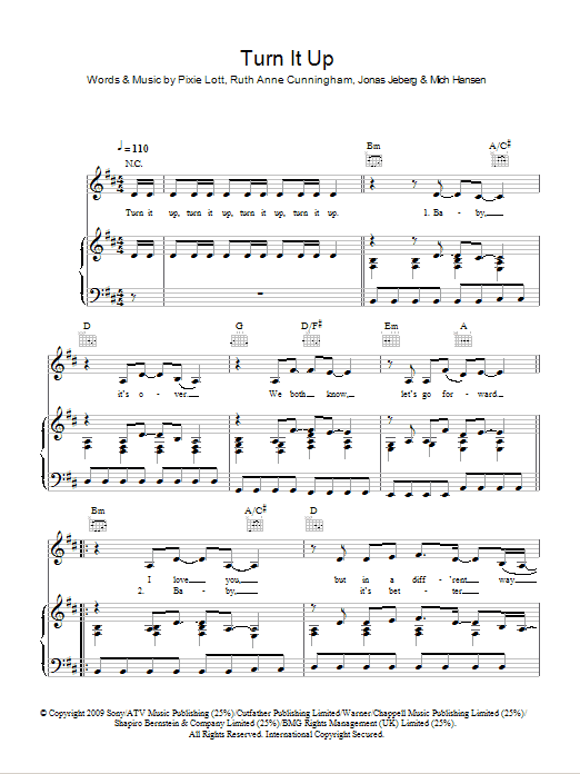 Pixie Lott Turn It Up sheet music notes and chords arranged for Piano, Vocal & Guitar Chords