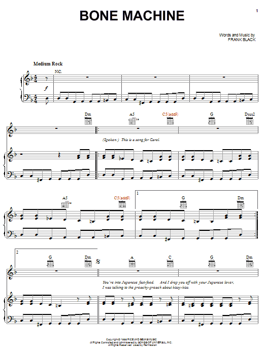 Learn to play Pixies Bone Machine sheet music for Piano, Vocal & Guitar Chords (Right-Hand Melody) in minutes. Price: 7.8900$ Pixies Bone Machine sheet music notes and chords arranged for Piano, Vocal & Guitar Chords (Right-Hand Melody)