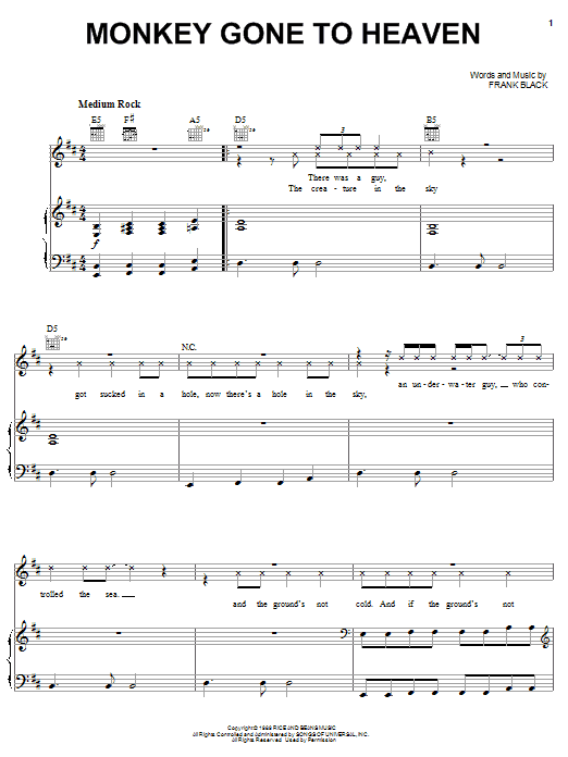 Pixies Monkey Gone To Heaven sheet music notes and chords. Download Printable PDF.