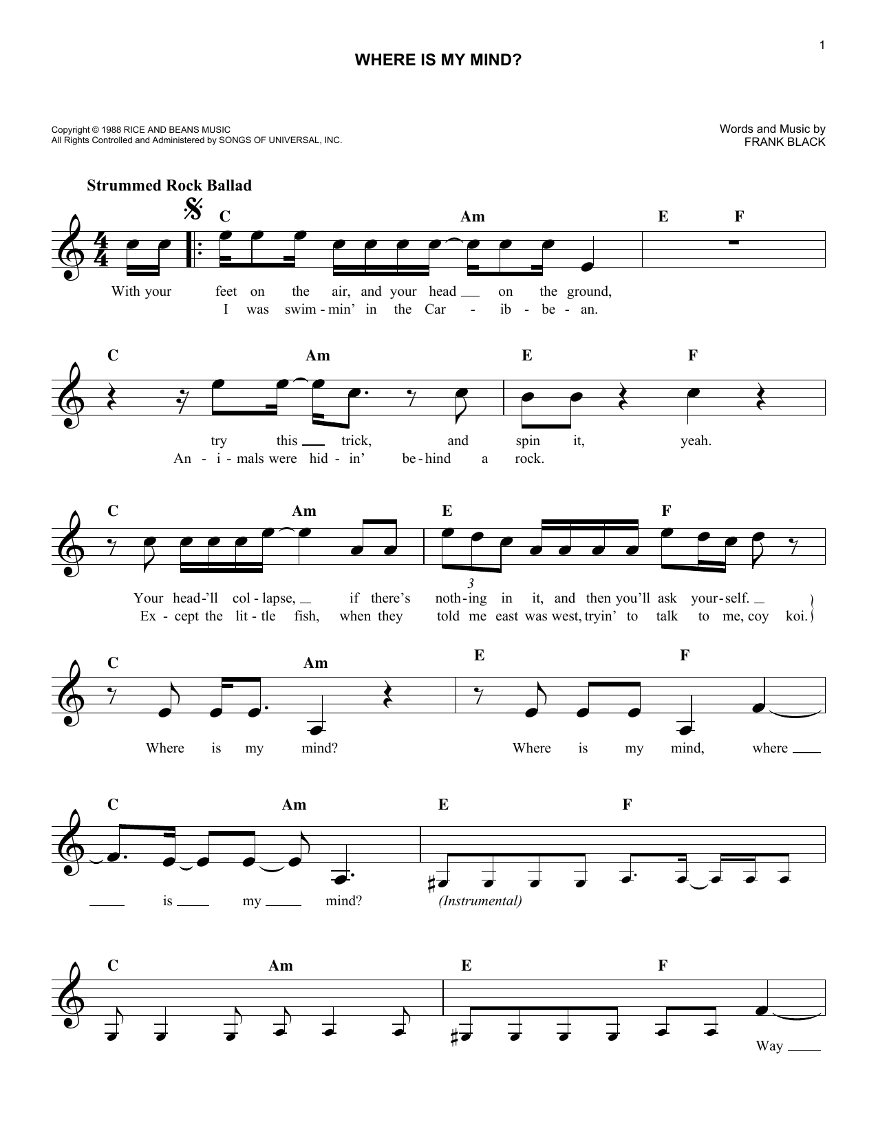 Pixies Where Is My Mind? sheet music notes and chords. Download Printable PDF.