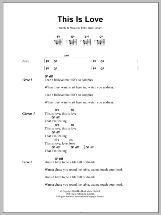 Learn to play PJ Harvey This Is Love sheet music for Guitar Chords/Lyrics in minutes. Price: 4.4900$ PJ Harvey This Is Love sheet music notes and chords arranged for Guitar Chords/Lyrics
