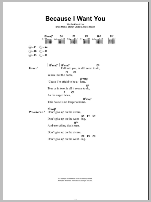 Placebo Because I Want You sheet music notes and chords. Download Printable PDF.