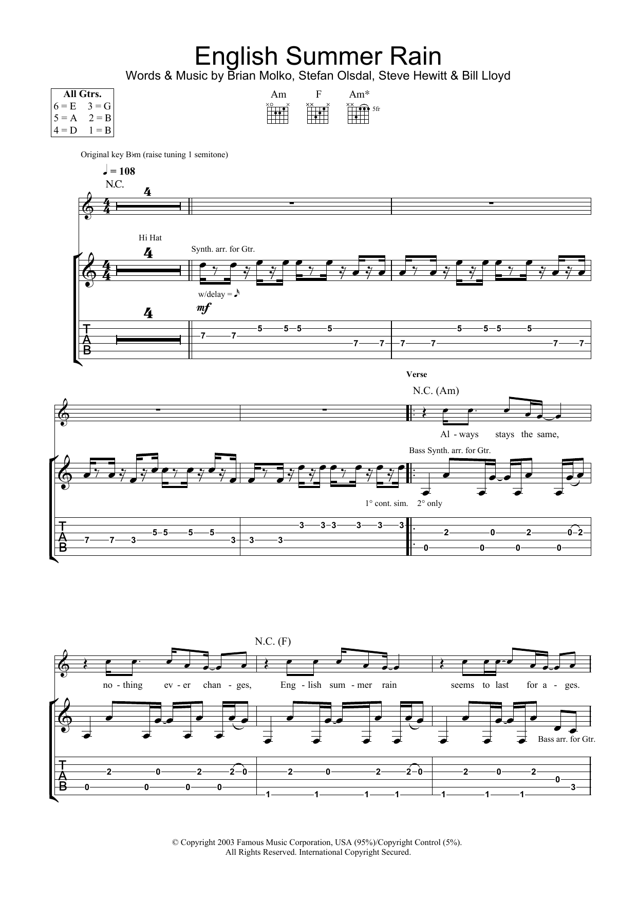Learn to play Placebo English Summer Rain sheet music for Guitar Tab in minutes. Price: 7.8900$ Placebo English Summer Rain sheet music notes and chords arranged for Guitar Tab