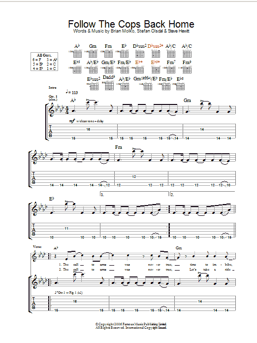Learn to play Placebo Follow The Cops Back Home sheet music for Guitar Tab in minutes. Price: 7.8900$ Placebo Follow The Cops Back Home sheet music notes and chords arranged for Guitar Tab