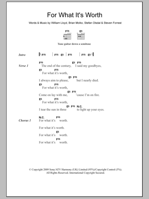 Placebo For What It's Worth sheet music notes and chords. Download Printable PDF.