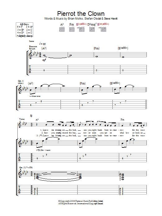 Learn to play Placebo Pierrot The Clown sheet music for Guitar Tab in minutes. Price: 7.8900$ Placebo Pierrot The Clown sheet music notes and chords arranged for Guitar Tab