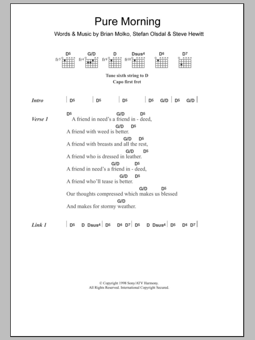 Placebo Pure Morning sheet music notes and chords. Download Printable PDF.