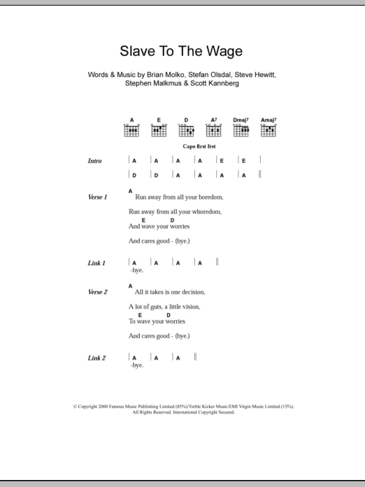 Placebo Slave To The Wage sheet music notes and chords. Download Printable PDF.