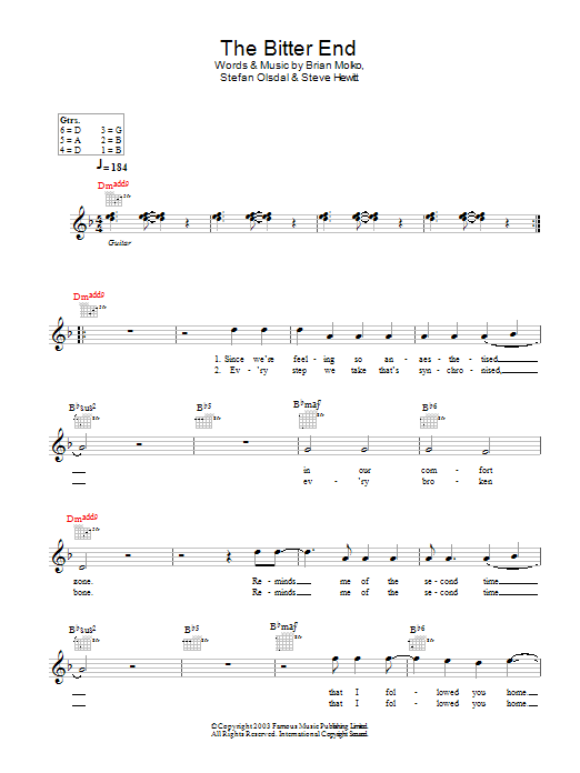 Placebo The Bitter End sheet music notes and chords. Download Printable PDF.