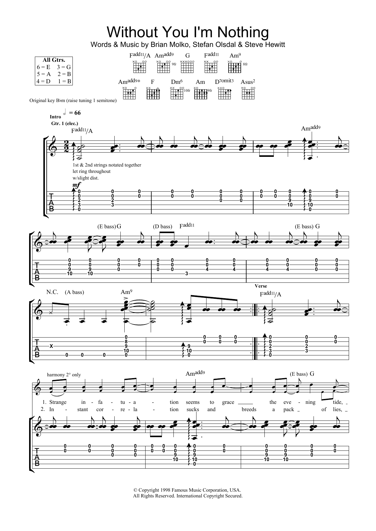 Learn to play Placebo Without You I'm Nothing sheet music for Guitar Tab in minutes. Price: 7.8900$ Placebo Without You I'm Nothing sheet music notes and chords arranged for Guitar Tab