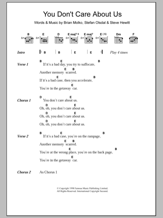 Placebo You Don't Care About Us sheet music notes and chords. Download Printable PDF.