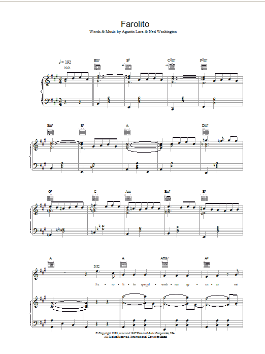 Learn to play Placido Domingo Farolito sheet music for Piano, Vocal & Guitar Chords in minutes. Price: 7.8900$ Placido Domingo Farolito sheet music notes and chords arranged for Piano, Vocal & Guitar Chords