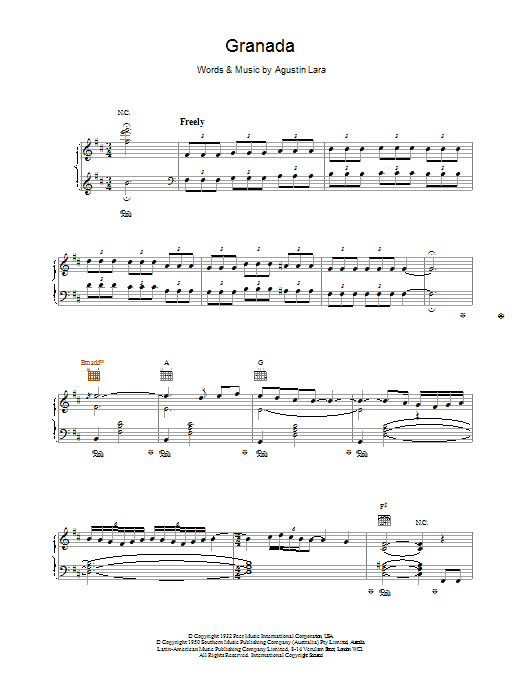 Learn to play Placido Domingo Granada sheet music for Piano, Vocal & Guitar Chords in minutes. Price: 7.8900$ Placido Domingo Granada sheet music notes and chords arranged for Piano, Vocal & Guitar Chords