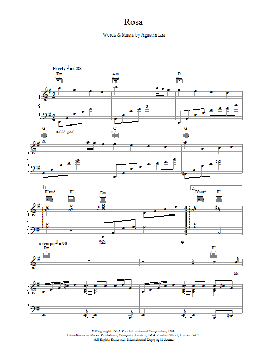 Learn to play Placido Domingo Rosa sheet music for Piano, Vocal & Guitar Chords in minutes. Price: 7.8900$ Placido Domingo Rosa sheet music notes and chords arranged for Piano, Vocal & Guitar Chords