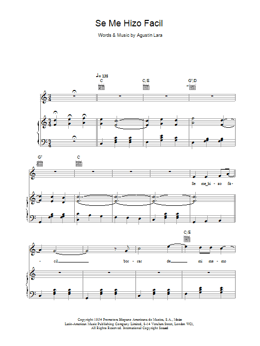 Learn to play Placido Domingo Se Me Hizo Facil sheet music for Piano, Vocal & Guitar Chords in minutes. Price: 7.8900$ Placido Domingo Se Me Hizo Facil sheet music notes and chords arranged for Piano, Vocal & Guitar Chords