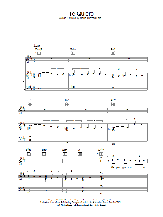 Learn to play Placido Domingo Te Quiero sheet music for Piano, Vocal & Guitar Chords in minutes. Price: 7.8900$ Placido Domingo Te Quiero sheet music notes and chords arranged for Piano, Vocal & Guitar Chords