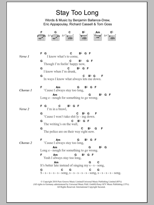 Plan B Stay Too Long sheet music notes and chords arranged for Piano, Vocal & Guitar Chords