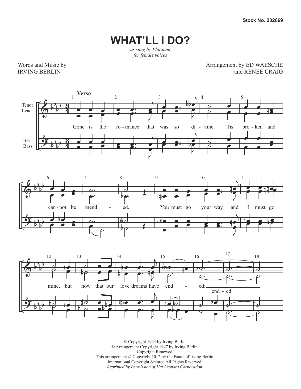 Platinum What'll I Do? (arr. Ed Waesche and Renee Craig) sheet music notes and chords arranged for SSAA Choir